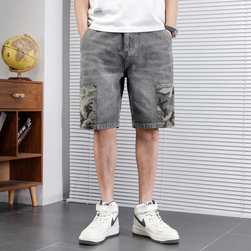Men's Japanese Camouflage Stitching Denim Overalls Shorts