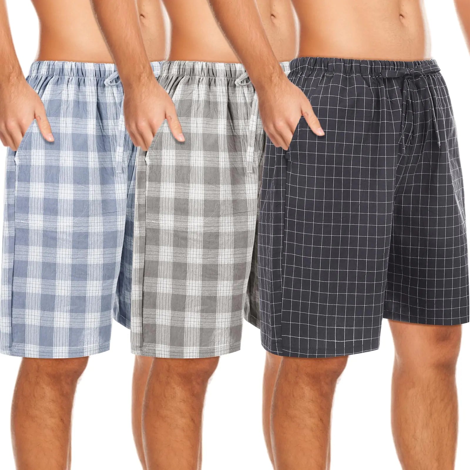 Bunnycool 3 Pack Men Cotton Pajama Shorts Woven Sleep Pajama Shorts Lounge Sleep Shorts with Drawstring Pockets(Dark GraygrayblueX-Large)