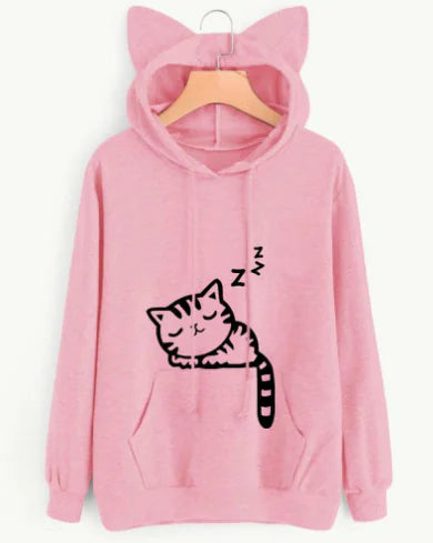 Loose Fleece Printed Cat Hoodie for Women