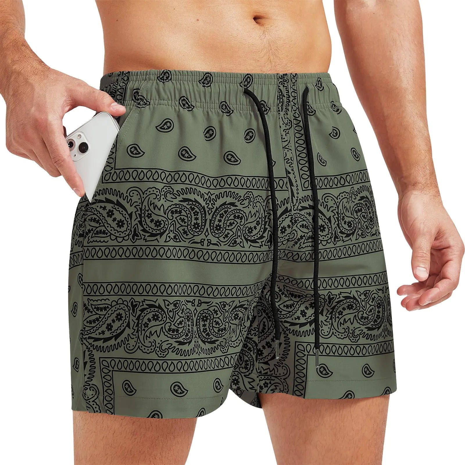 Surenow Mens Casual Shorts Boho Tribal Print Drawstring Waist Shorts with Pocket Lightweight Summer Bandana Shorts for Men Green