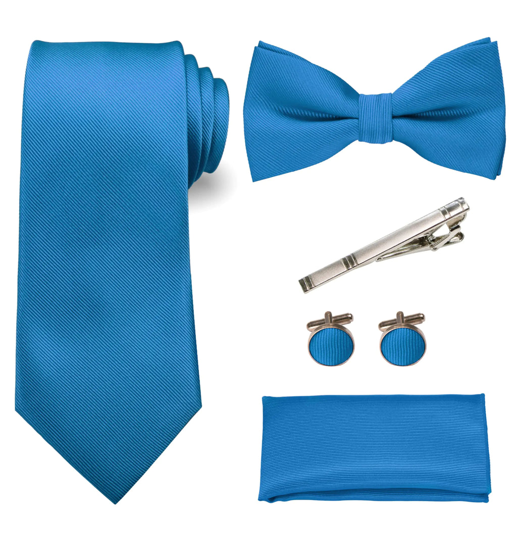 RBOCOTT Peacock Blue Tie and Bow Tie Pocket Square with Cufflinks and Tie Clip Sets for Men(4)