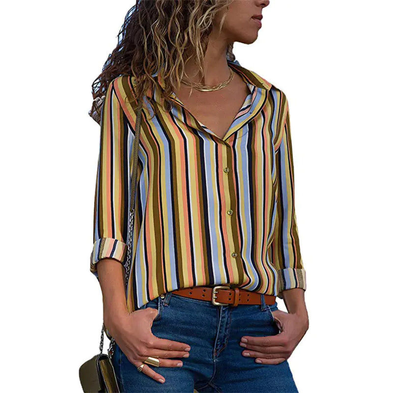 Striped Chiffon Long Sleeve Shirt for Women