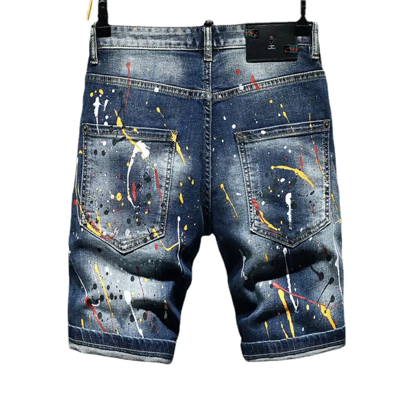Men's Casual Blue Denim Shorts with Holes