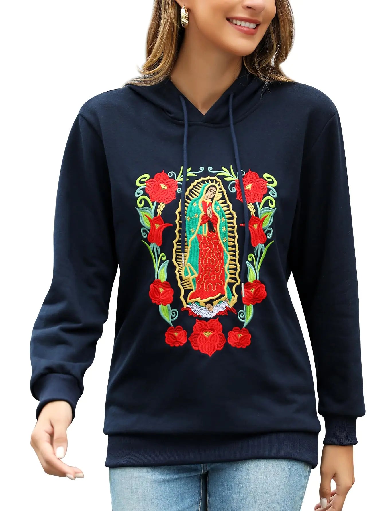 Women Hoodie Virgen de Guadalupe Mexican Our Lady of Guadalupe Embroidered Sweater Catholic Gifts Virgin Mary Maria Ethnic Traditional Christian Cultural Navy