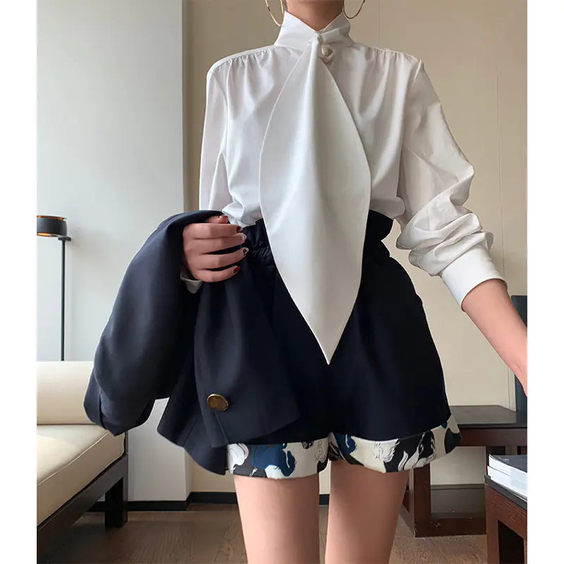 Pearl Scarf Collar White Shirt for Women