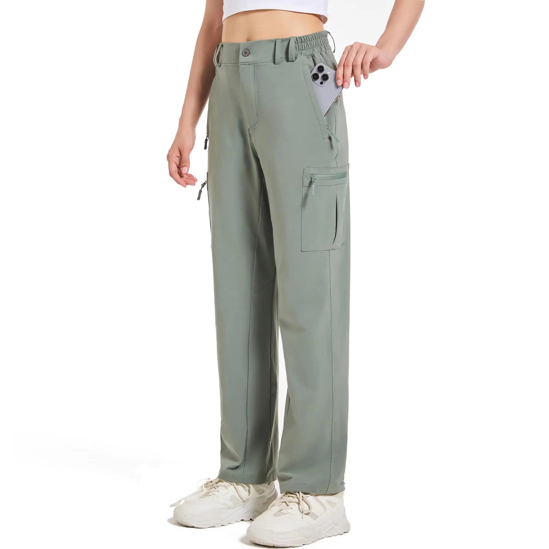 APWKL Womens Cargo Pants Hiking Pants Women Travel Pants Women Cargo Pants Women Waterproof 4 Pockets Stretchy Quick Dry Lightweight Green Grey M