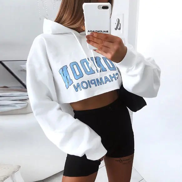Loose-Fit Lettered Cropped Hoodie for Women