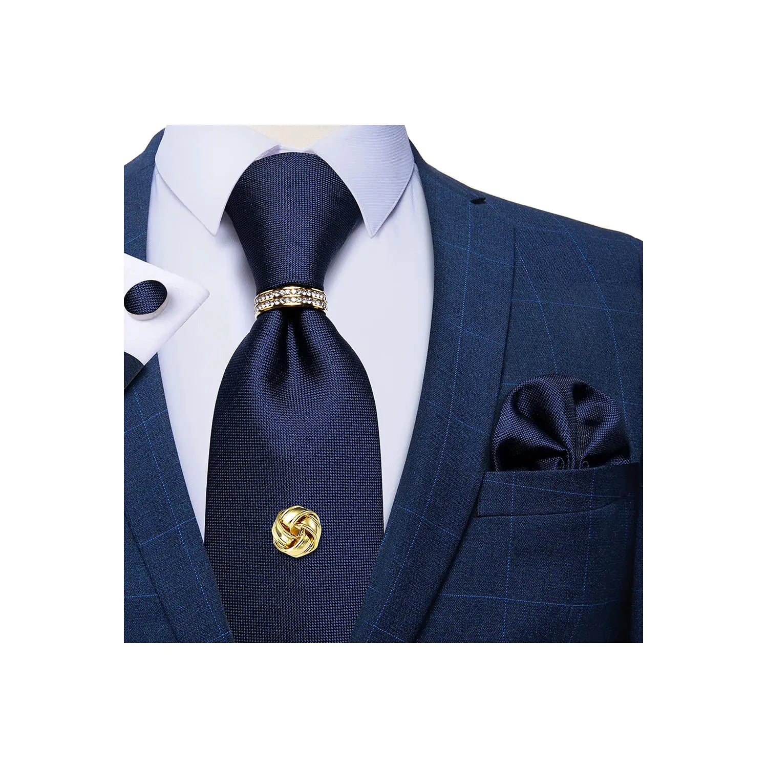 DiBanGu Tie Set for Men Solid Color Necktie Gold Tie Tack Gold Tie Ring Pocket Square Cufflinks Formal Mens Silk Tie Navy Blue