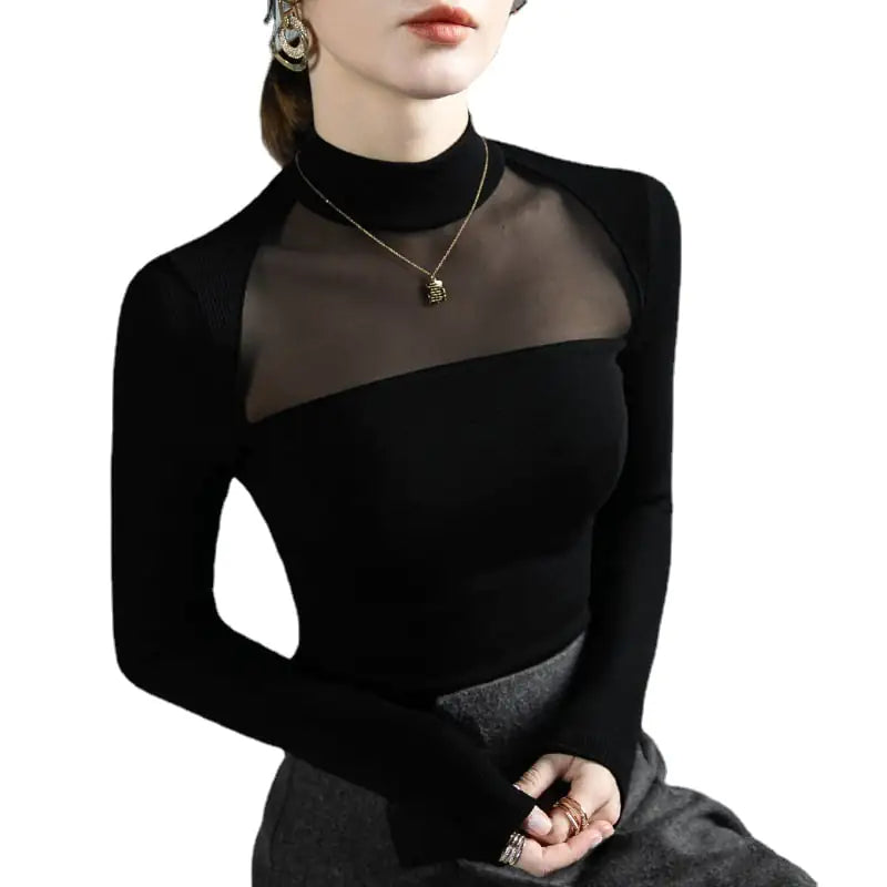 Black Long-Sleeved Bottoming Shirt for Women
