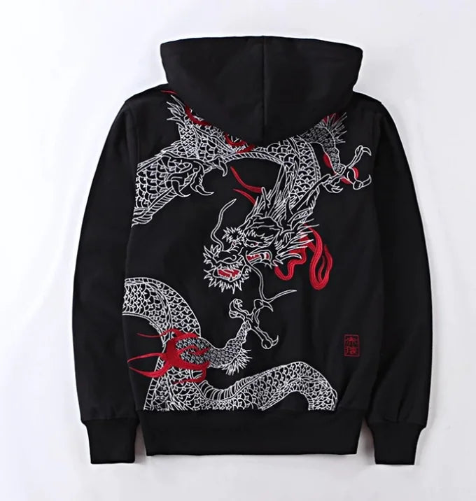Embroidered Dragon Pattern Hoodie for Men