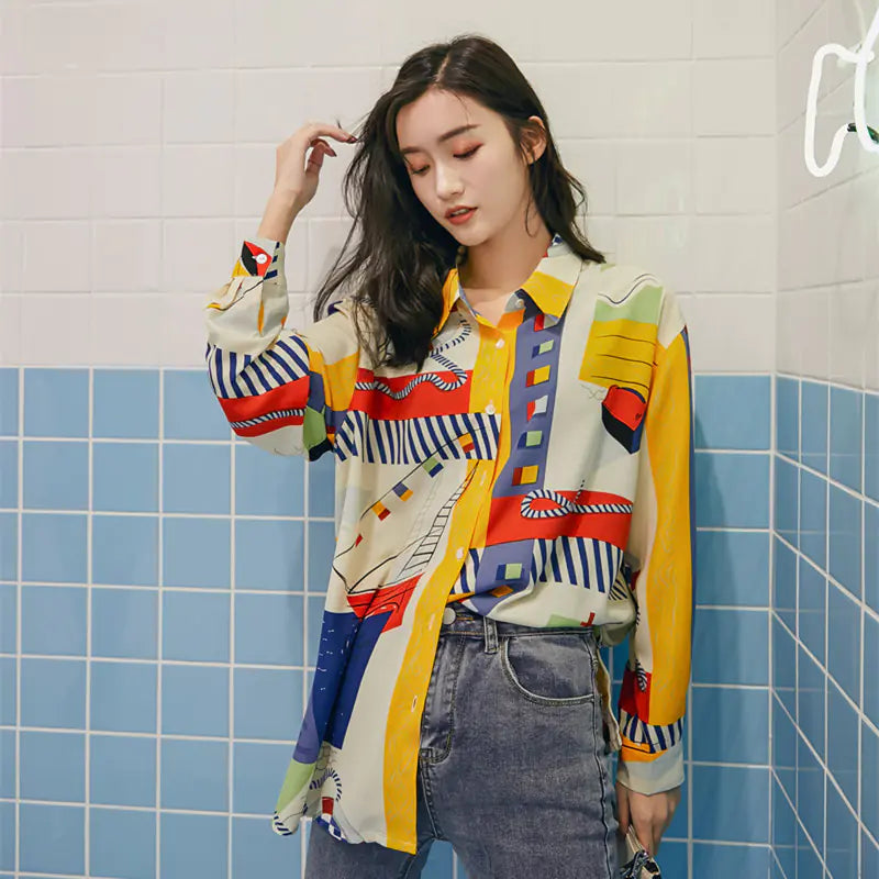 Chic Vintage Print Long Sleeve Shirt for Women