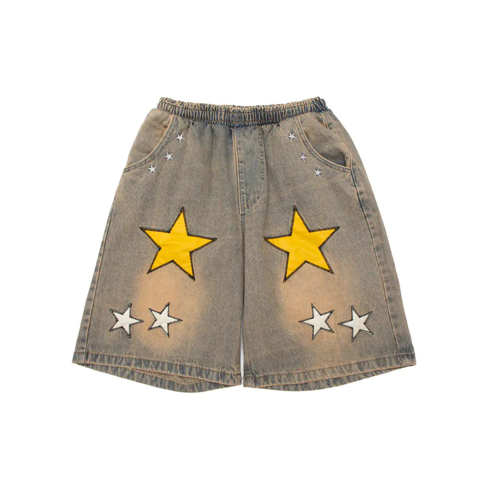 Embroidered Denim Shorts with Men's Pentagram Patch