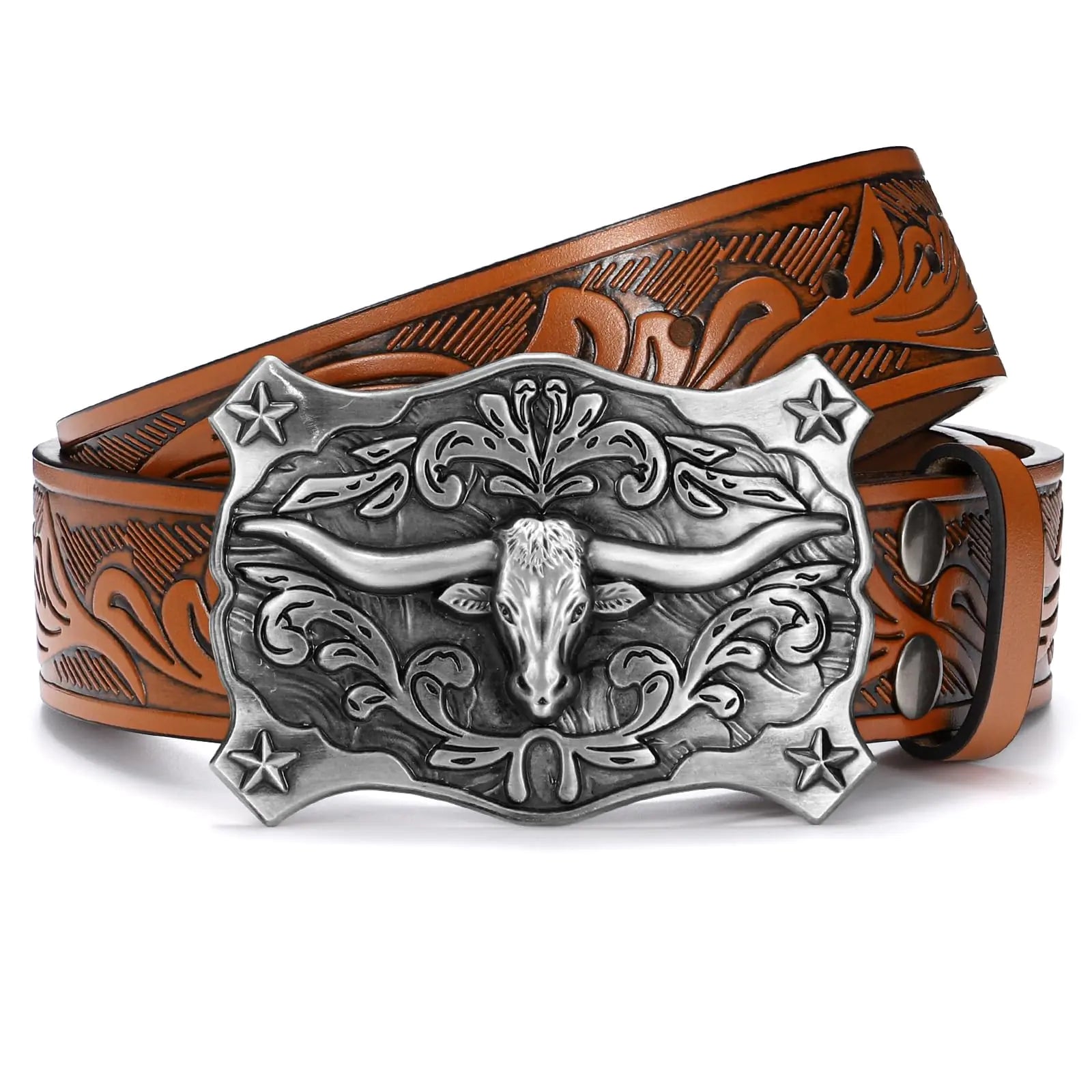 SANSTHS Cowboy Belt Western Belts for Men Women Western Leather Belt Cowboy Cowgirl Belt Embossed Leather Belt for Jeans Silvery Bull/Brown Belt