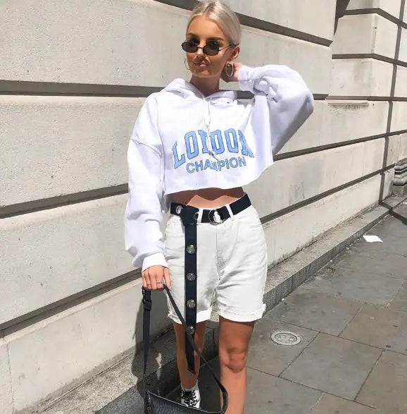 Loose-Fit Lettered Cropped Hoodie for Women