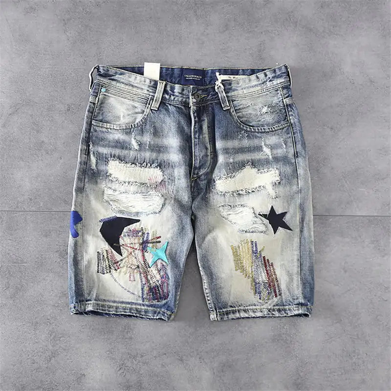 "Men's Denim Shorts with Broken Patch Design"