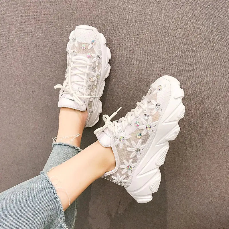 Women's Sneakers with Rhinestones - Casual White Shoes