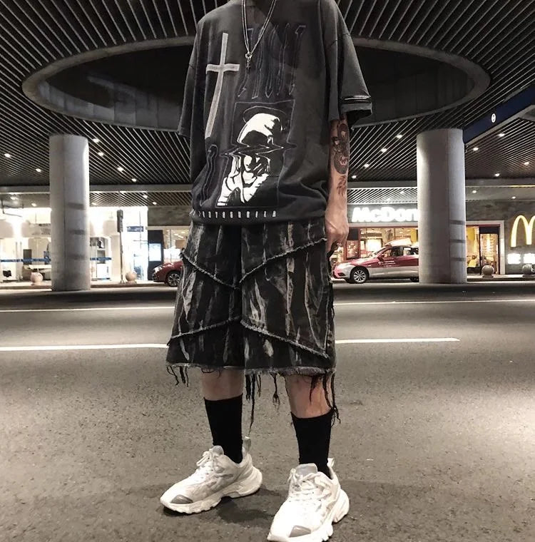 Men's Dark Tie-Dye Frayed Denim Shorts