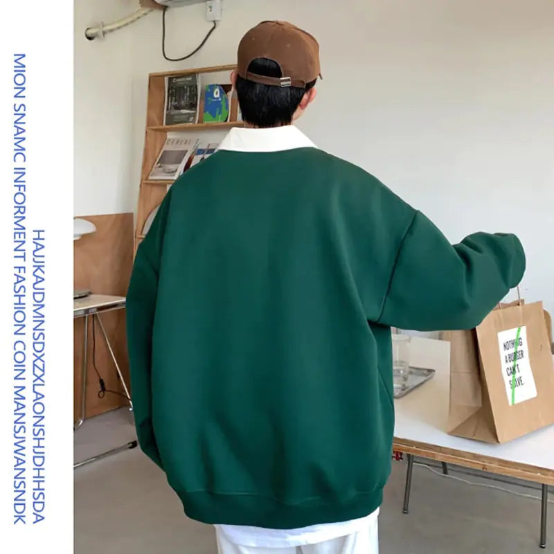 Oversized Autumn Lapel Hoodie for Men in Black/Green