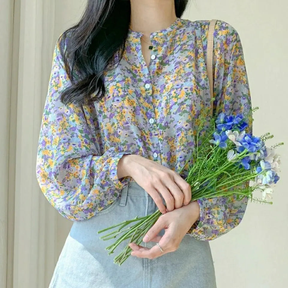 Floral Chiffon Long Sleeve Shirt for Women