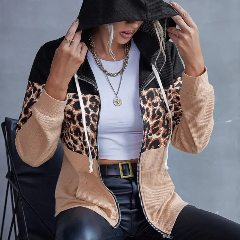 Leopard Print Zipper Hoodie Sweater for Women