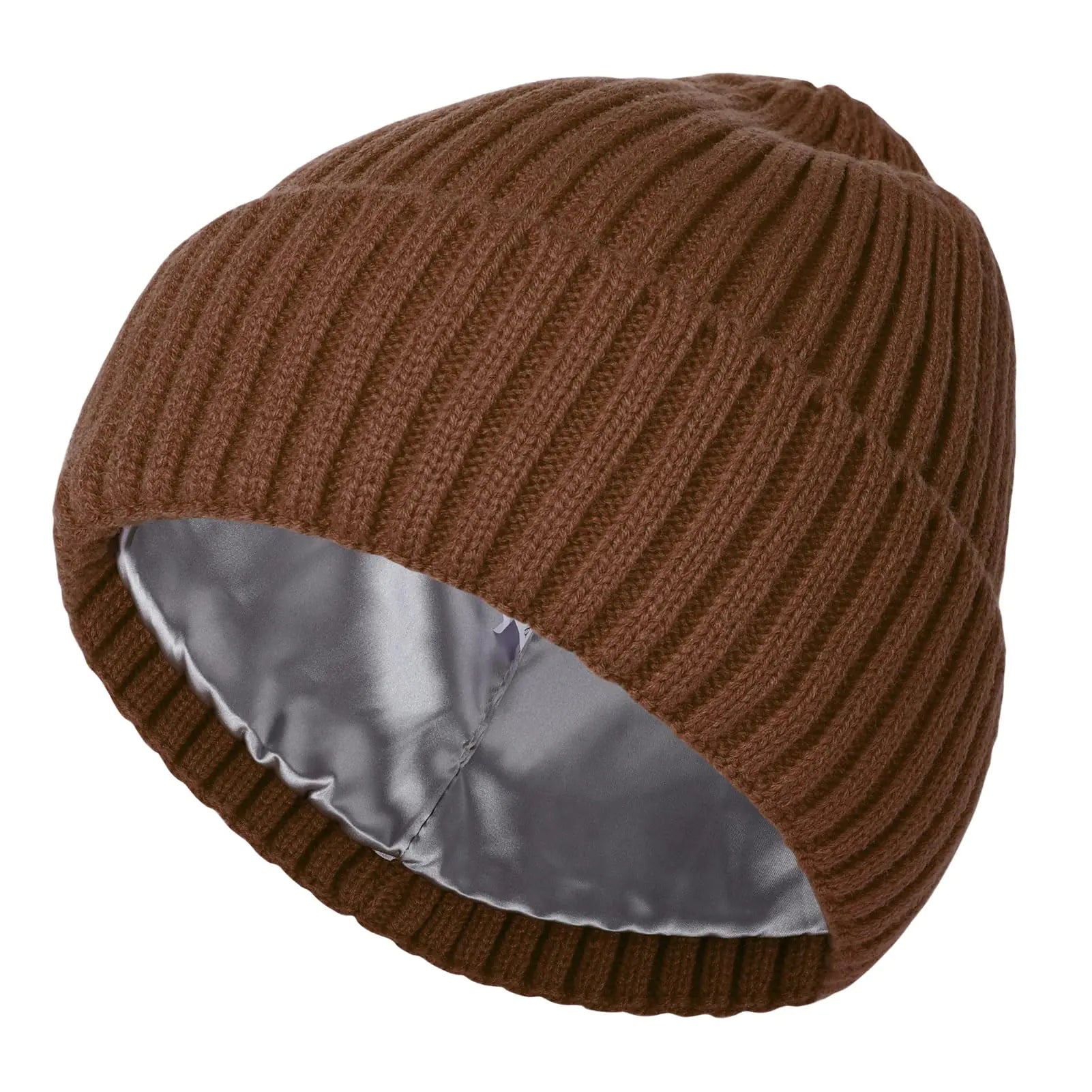 LiuSuper Satin Lined Beanie for Women Men Winter Hats for Women Slouchy Silk Lined Beanie Warm Unisex Cuffed Beanie Brown