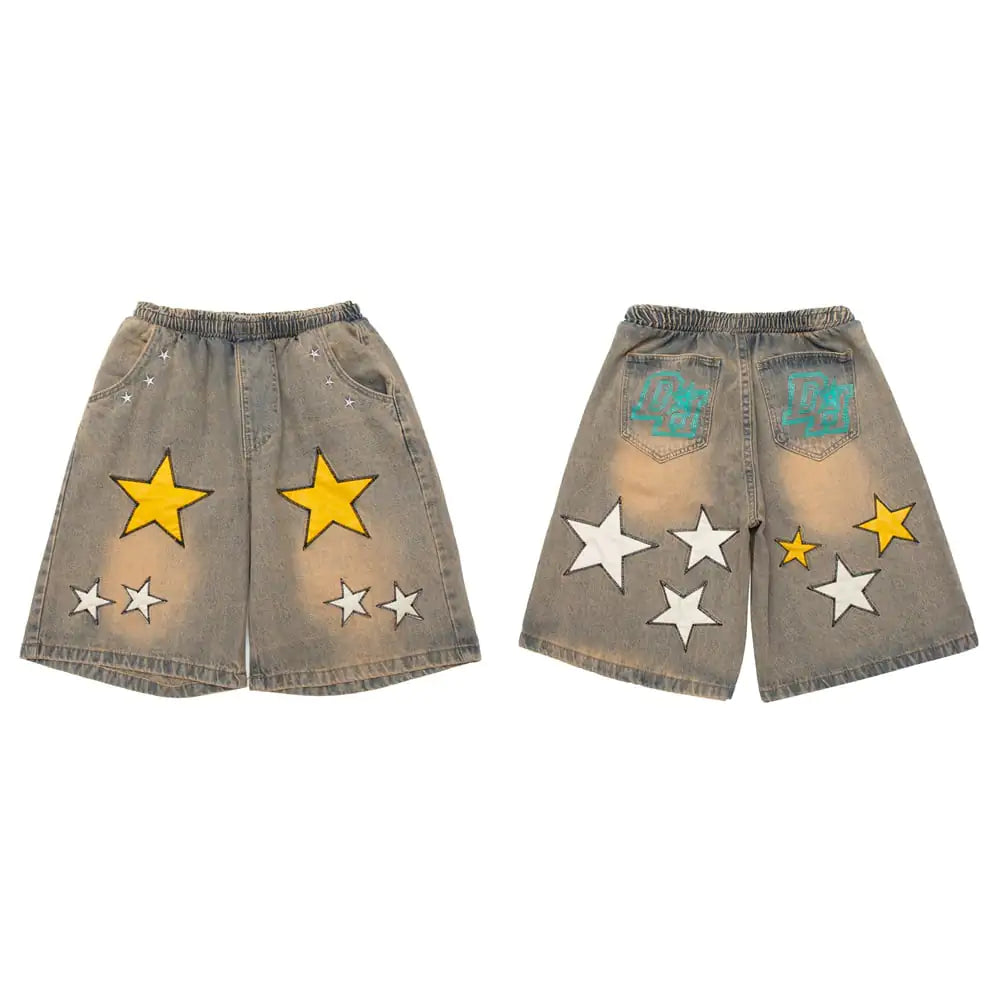 Embroidered Denim Shorts with Men's Pentagram Patch