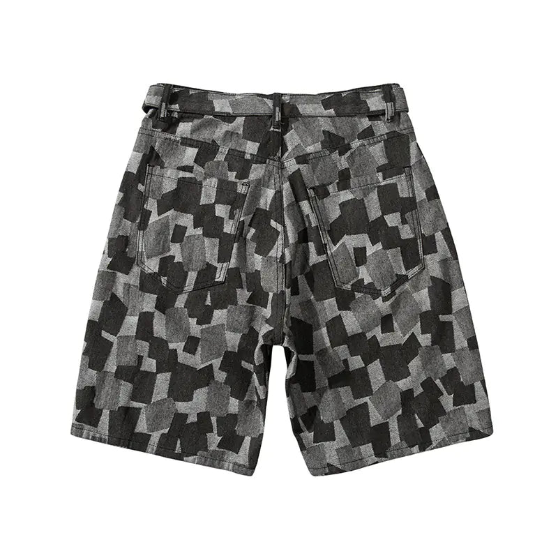 Washed Blue Plaid Loose Denim Shorts for Men