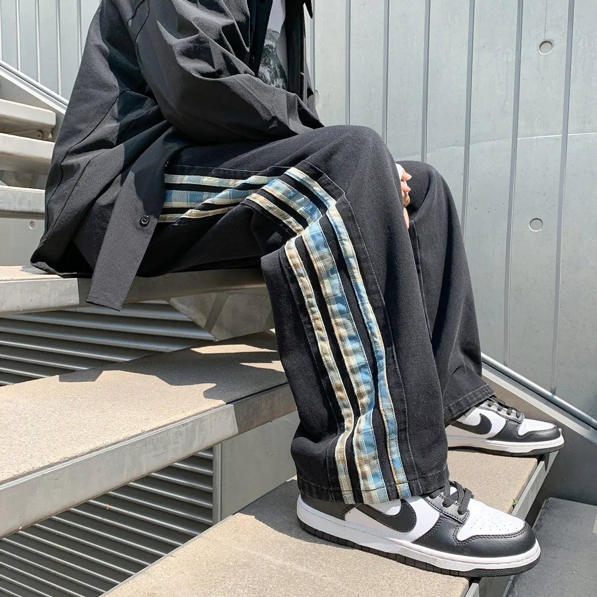 Color Stripe Stitch Wide Leg Men's Jeans