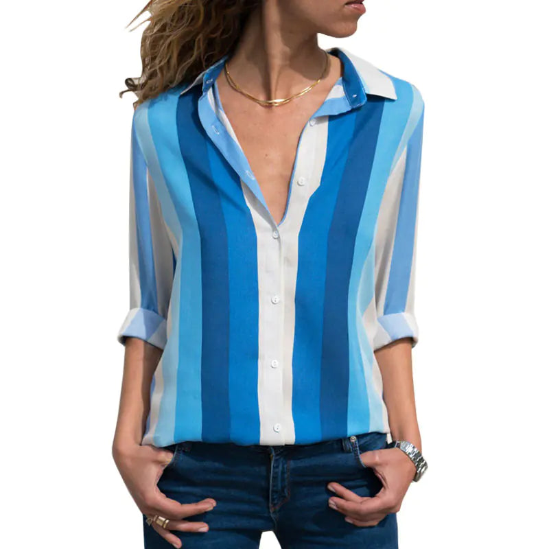 Striped Chiffon Long Sleeve Shirt for Women