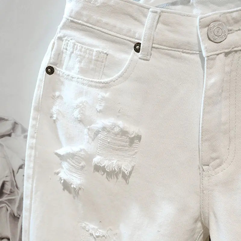 Men's Casual White Ripped Denim Summer Shorts