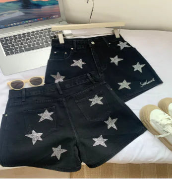 Light Luxury Silver Black Rhinestone Women's Shorts