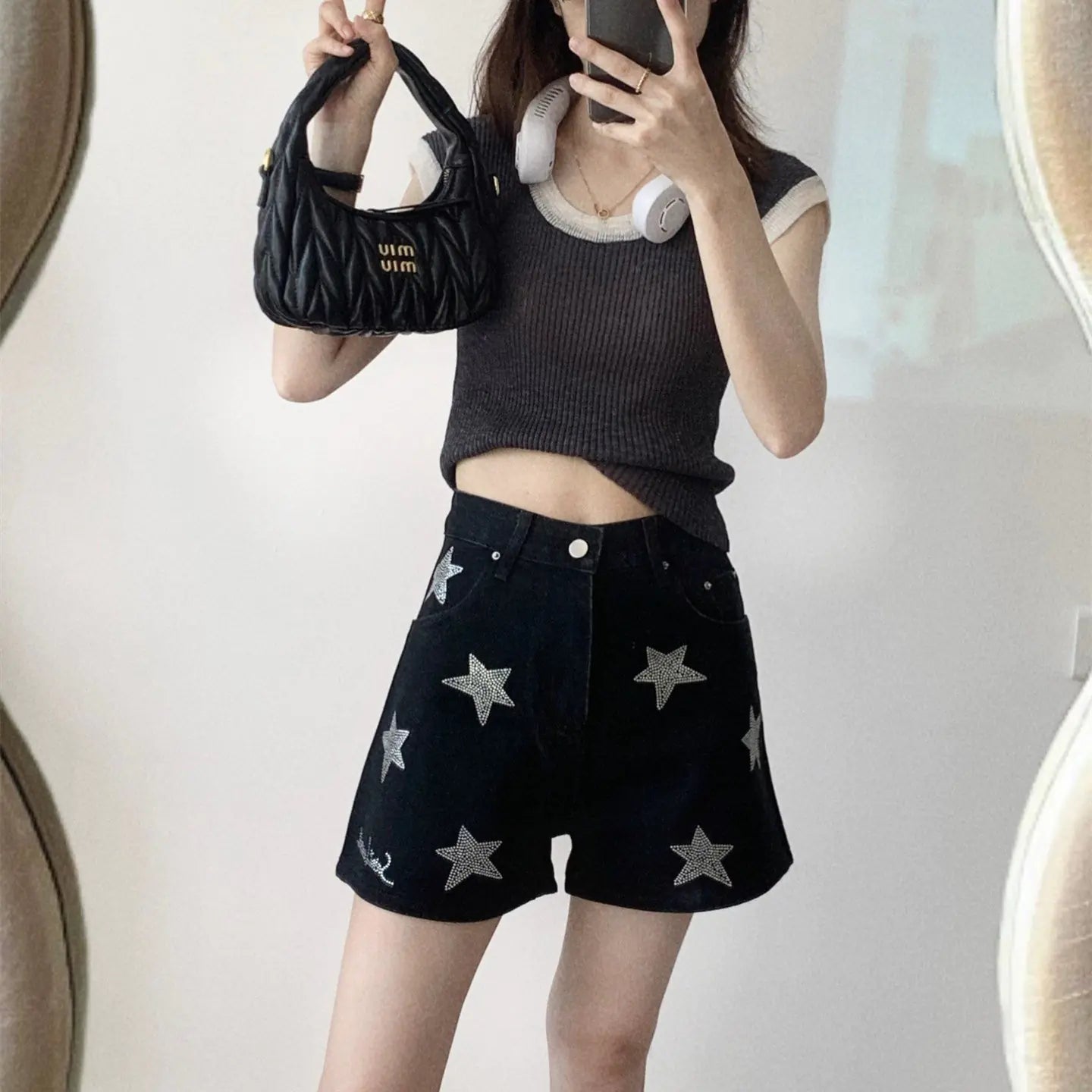 Light Luxury Silver Black Rhinestone Women's Shorts