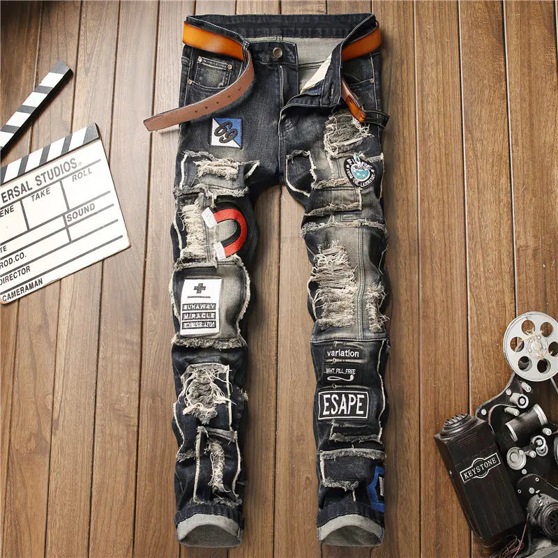 Ripped Men's Jeans with Badge Patch Detail