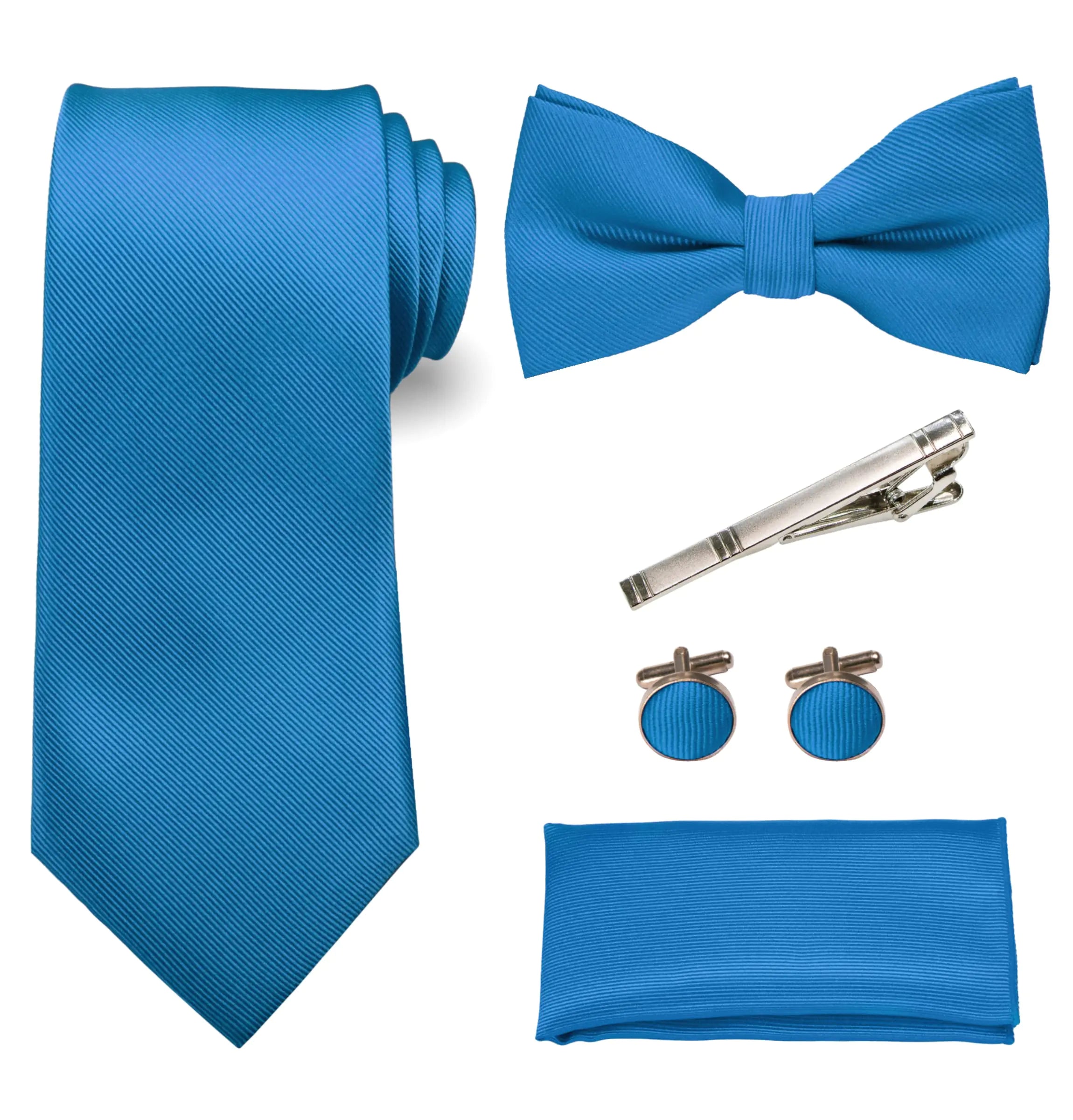 RBOCOTT Peacock Blue Tie and Bow Tie Pocket Square with Cufflinks and Tie Clip Sets for Men(4)