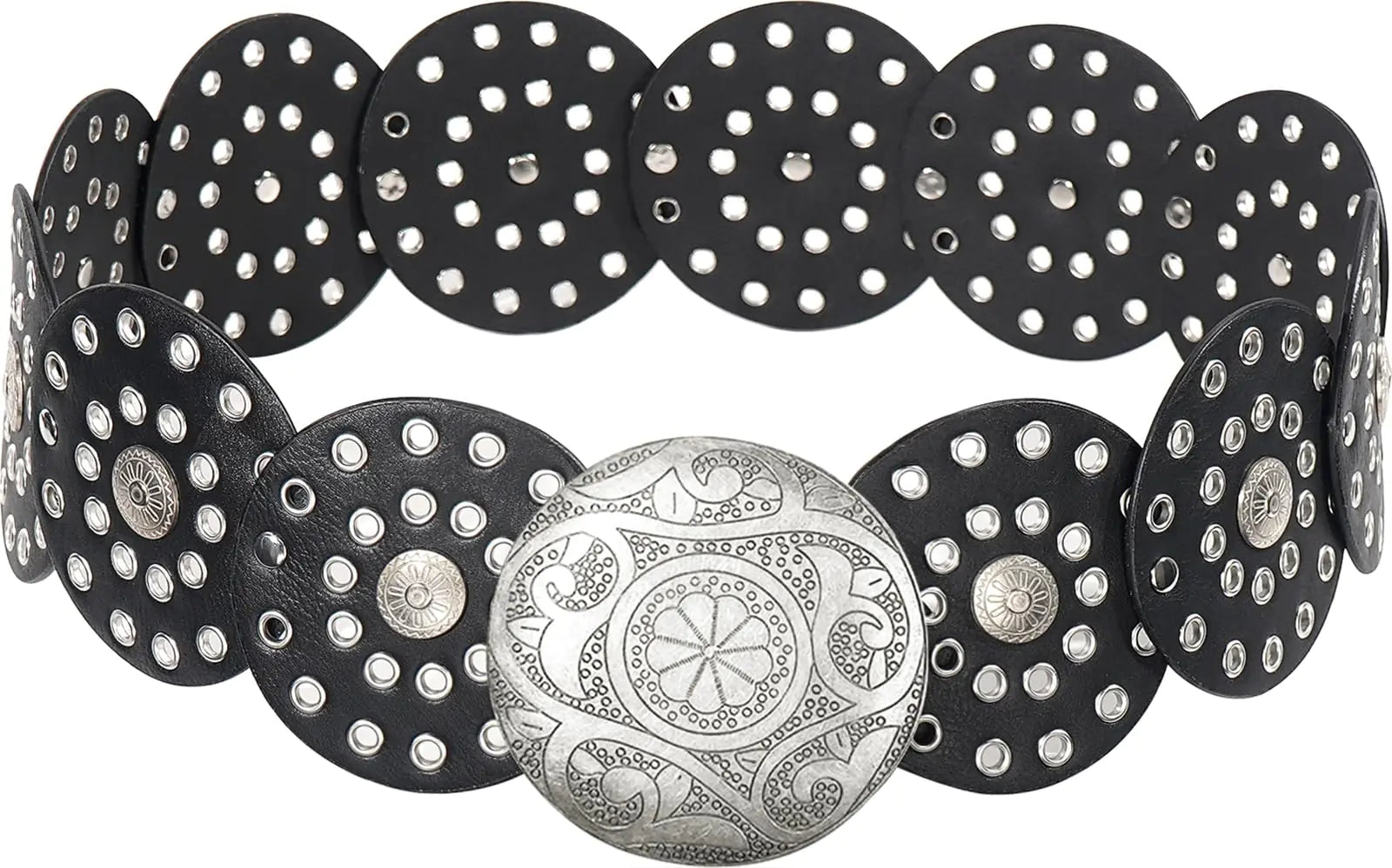 HIQUACC Wide Disc Belt for Women Vintage Leather Hollow Out Round Belt Western Waist Belt (Silver Black S)