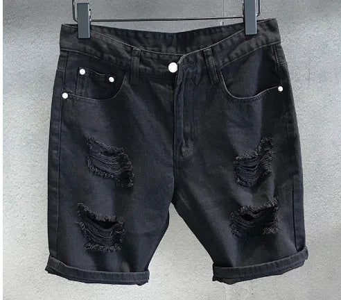 Men's White Summer Ripped Stretch Denim Shorts