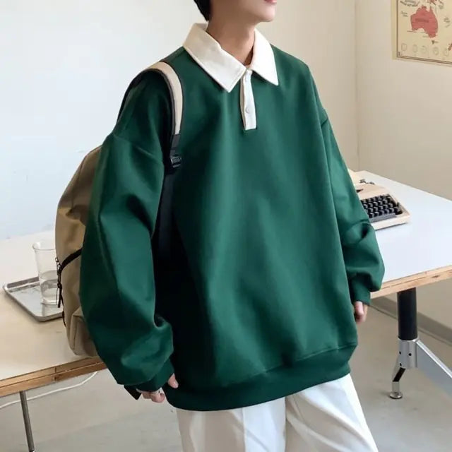 Oversized Autumn Lapel Hoodie for Men in Black/Green