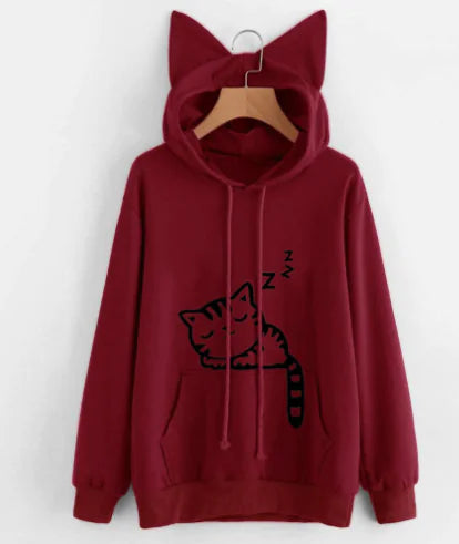 Loose Fleece Printed Cat Hoodie for Women