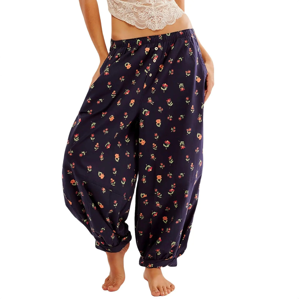 Wonhomke Boho Pants for Women Hippie Harem Pants Women with Pockets Yoga Trousers Bohemian Beach Pants Large Dark Blue 01