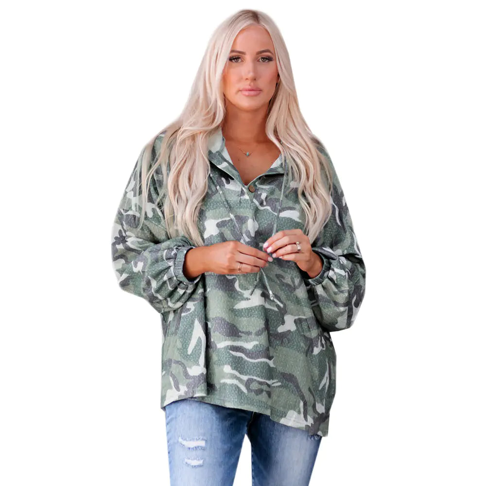 Loose-fitting Camouflage Long Sleeve Hoodie for Women