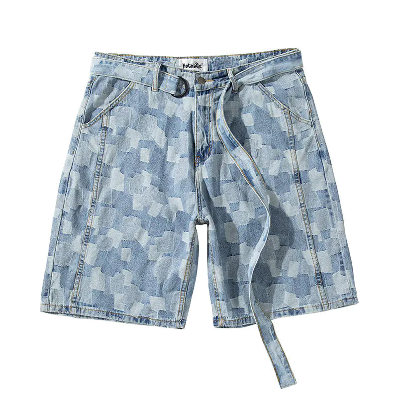 Washed Blue Plaid Loose Denim Shorts for Men