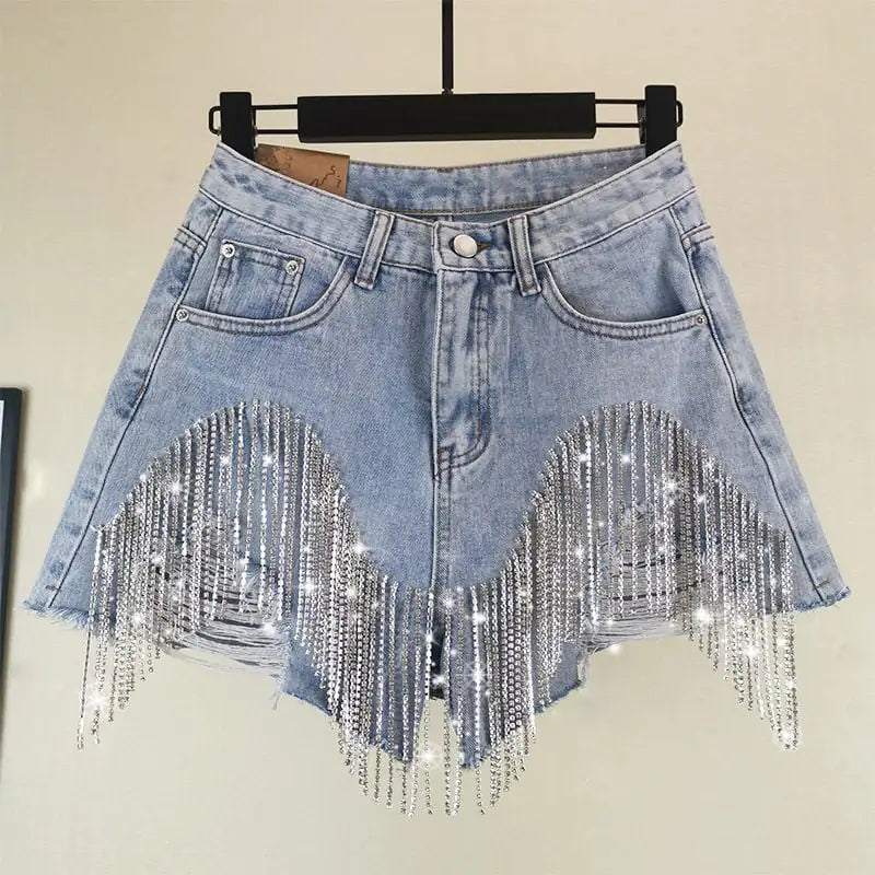 Fringed Chain High Waist Slim Women's Shorts