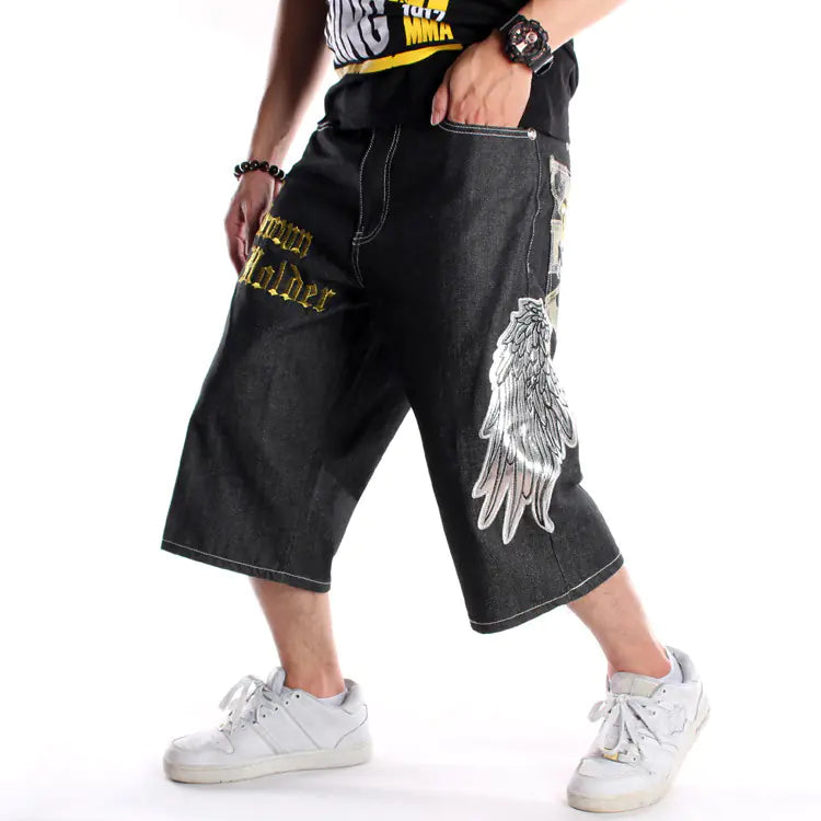 Plus Size Men's Embroidered Denim Shorts