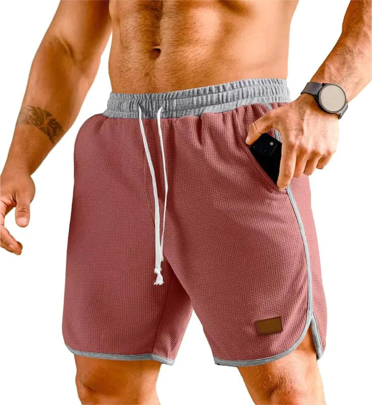 JMIERR Mens Gym SweatShorts Summer Hawaiian Beach Shorts Waffle Athletic Shorts for Men 7 inch Inseam Basketball Shorts Lounge Shorts Men A Pink US38(XL)