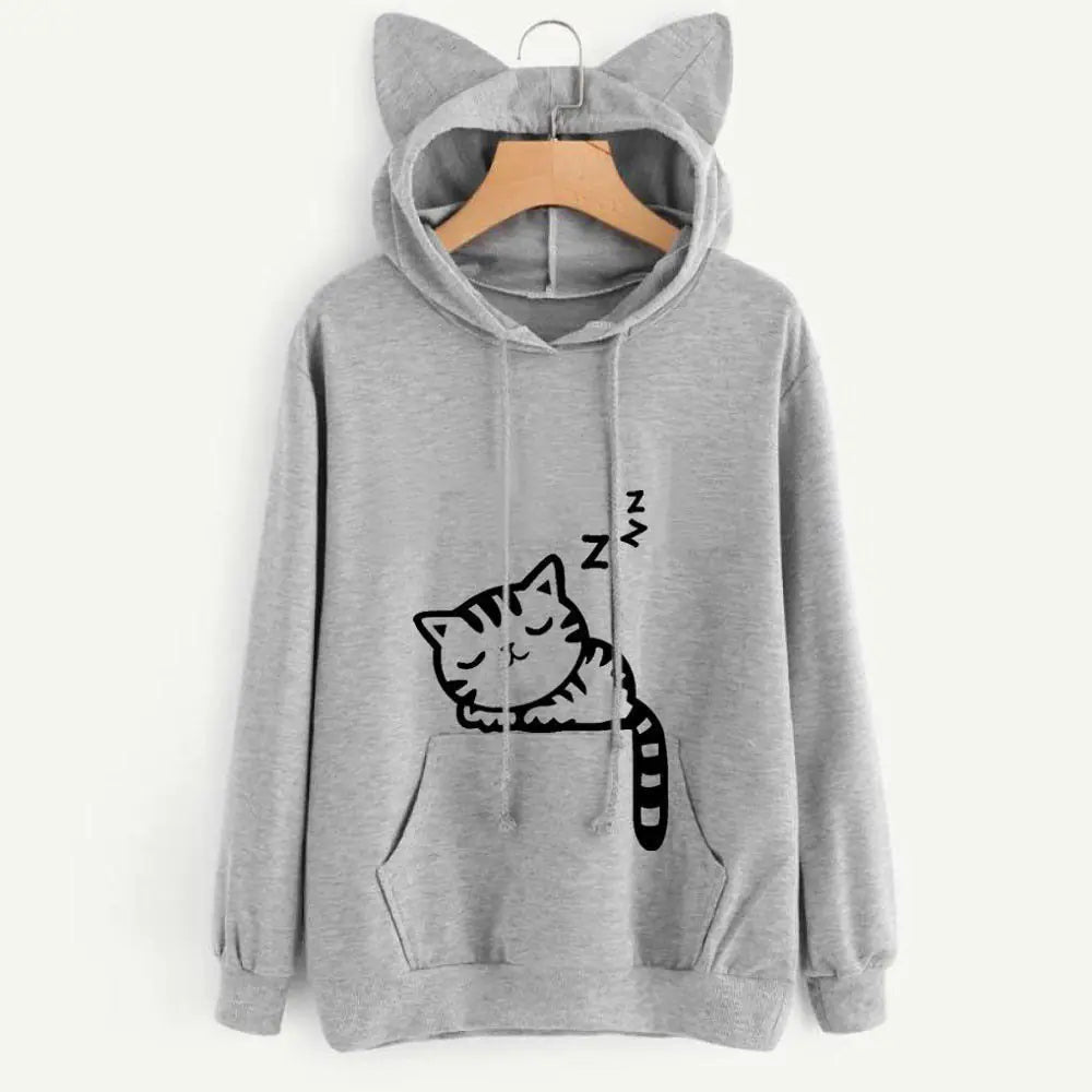 Loose Fleece Printed Cat Hoodie for Women