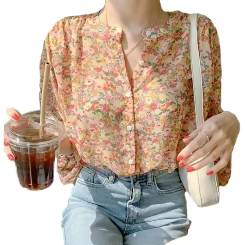 Floral Chiffon Long Sleeve Shirt for Women