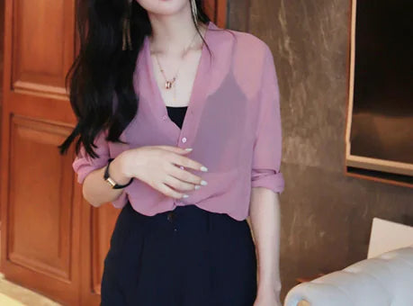 V-Neck Long Sleeve Loose Shirt for Women
