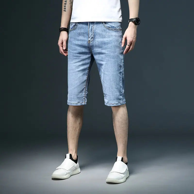 Men's Thin Denim Shorts with Oblique Slot Pockets