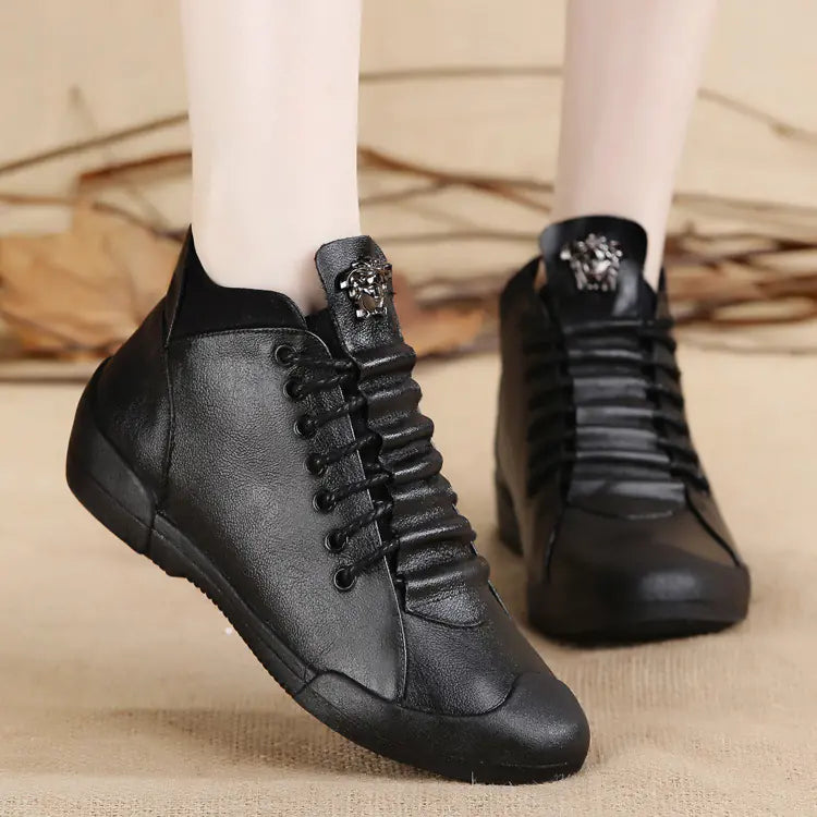 Genuine Leather Casual Flat High-Top Women's Sneakers