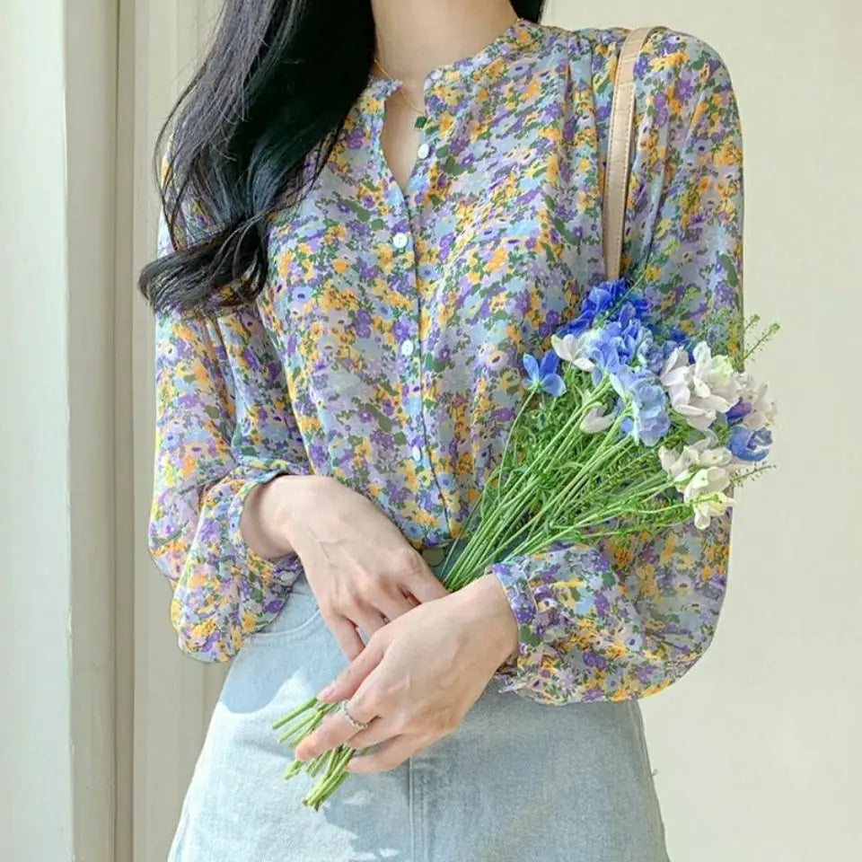 Floral Chiffon Long Sleeve Shirt for Women